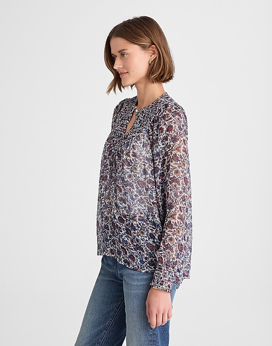 Madewell Smocked Split Crewneck Top Cherry Red