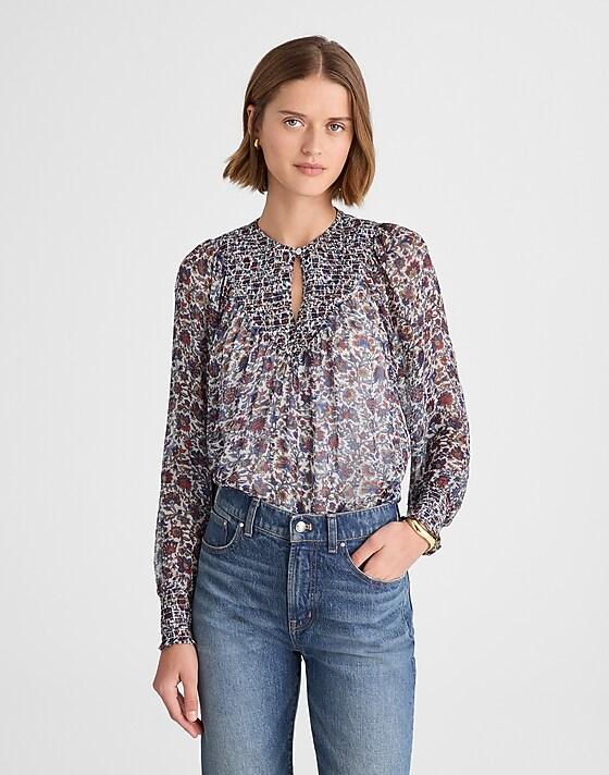 madewell Smocked Split Crewneck Top cherry red