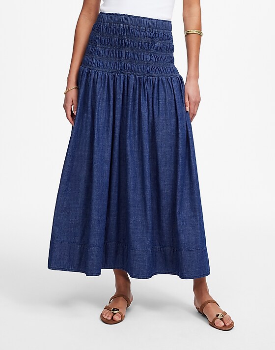 Madewell Smocked-Waist Denim Midi Skirt Rinse Wash