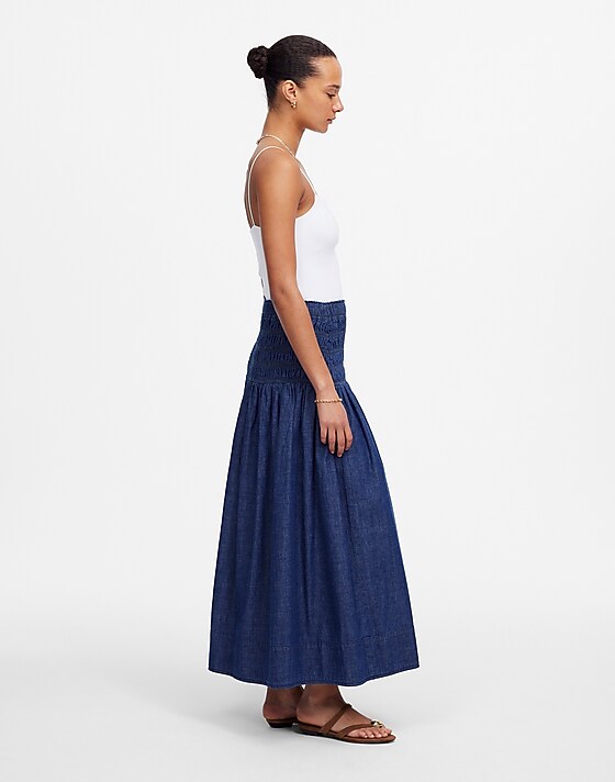 Madewell Smocked-Waist Denim Midi Skirt Rinse Wash