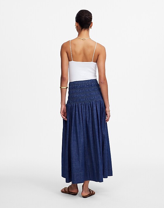 Madewell Smocked-Waist Denim Midi Skirt Rinse Wash