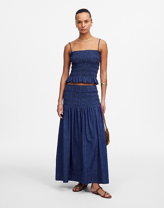 madewell Smocked-Waist Denim Midi Skirt rinse wash