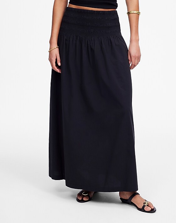 Madewell Smocked-Waist Poplin Midi Skirt Jet Black