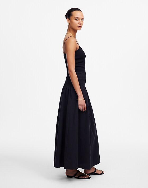Madewell Smocked-Waist Poplin Midi Skirt Jet Black