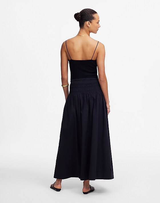 Madewell Smocked-Waist Poplin Midi Skirt Jet Black