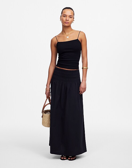 madewell Smocked-Waist Poplin Midi Skirt jet black