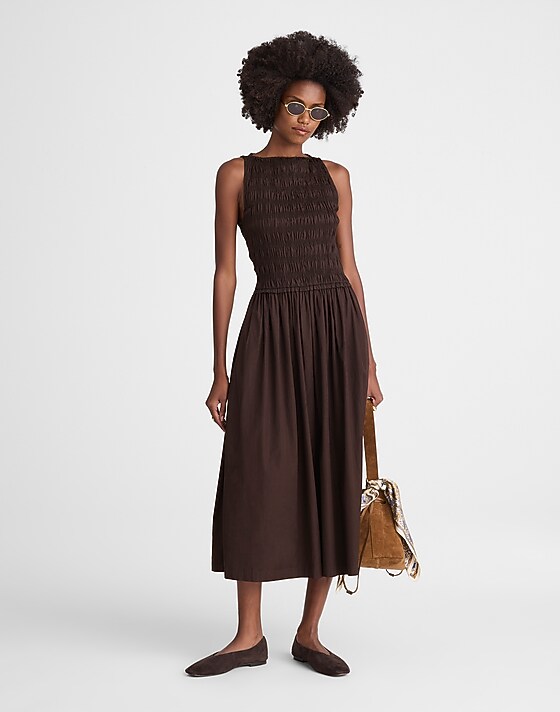 madewell The Melody Smocked Midi Dress molasses