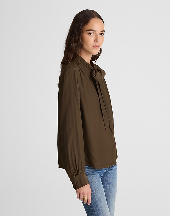 Madewell Tie-Neck Long-Sleeve Top Dark Mocha
