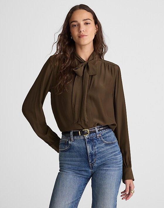 madewell Tie-Neck Long-Sleeve Top dark mocha