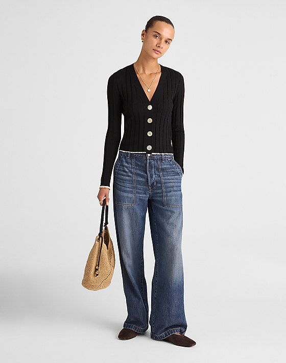 Madewell Tipped Ribbed V-Neck Cardigan Navy Combo