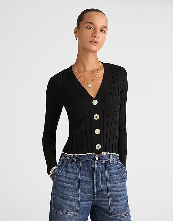 madewell Tipped Ribbed V-Neck Cardigan navy combo