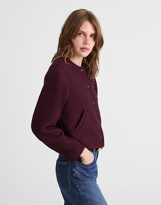 Madewell Tweed Collarless Jacket Dark Pomegranate