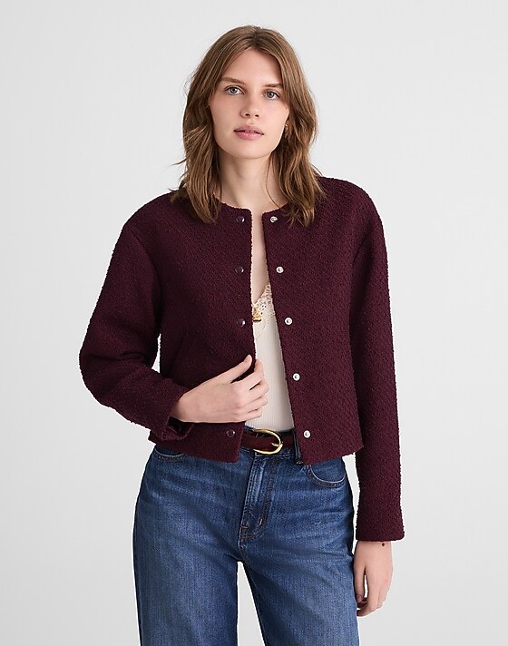 madewell Tweed Collarless Jacket dark pomegranate