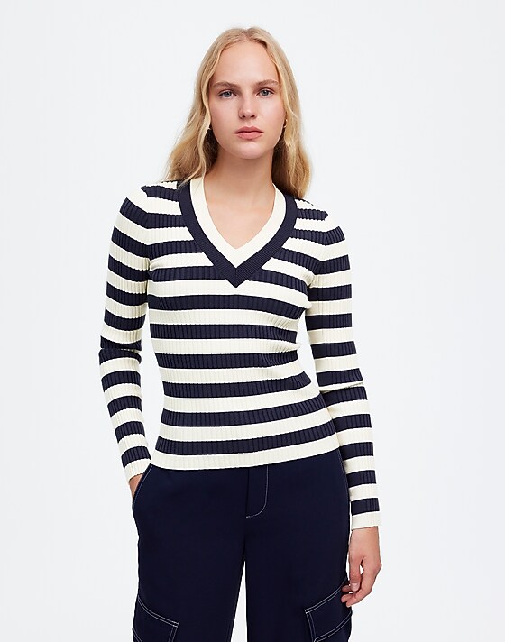 Madewell V-Neck Sweater In Stripe Hthr Sand Stripe
