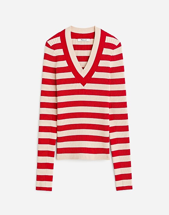 madewell V-Neck Sweater in Stripe hthr sand stripe