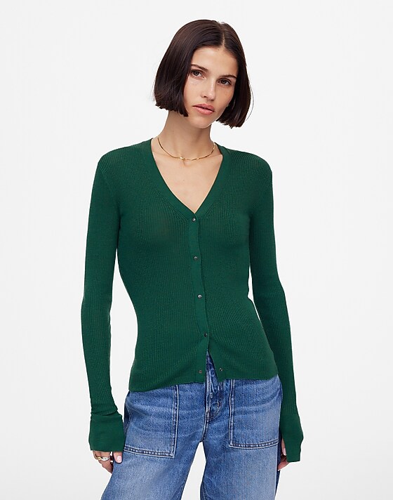madewell Merino Wool-Silk Blend Cardigan Sweater mallard green