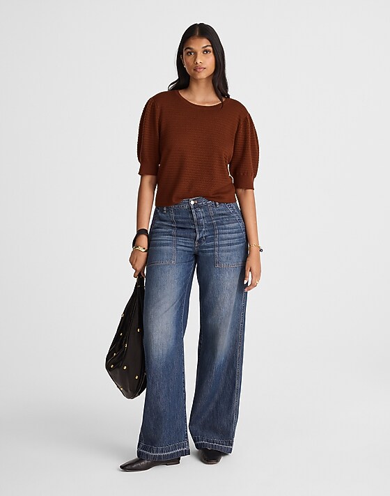 Madewell Merino Wool-Silk Blend Puff-Sleeve Sweater Tee Cinnamon