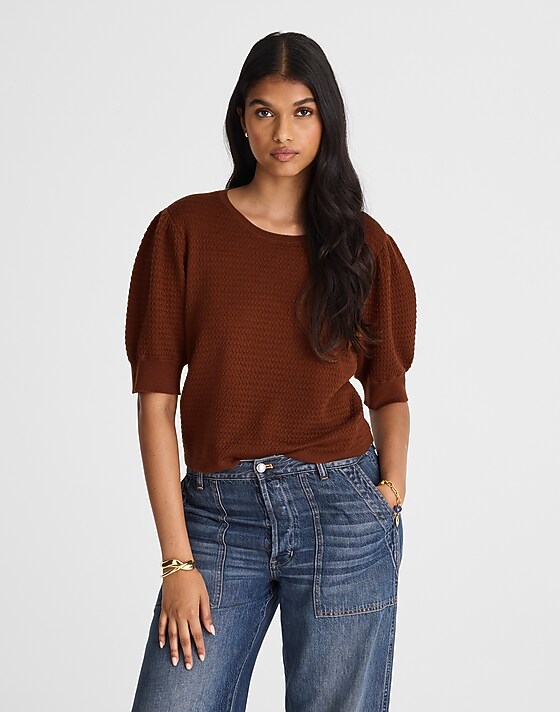 madewell Merino Wool-Silk Blend Puff-Sleeve Sweater Tee cinnamon