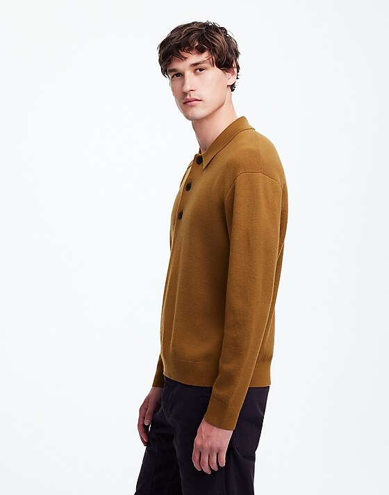 Madewell Milano-Knit Sweater Polo Shirt In Merino Wool Rich Camel