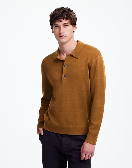 madewell Milano-Knit Sweater Polo Shirt in Merino Wool rich camel