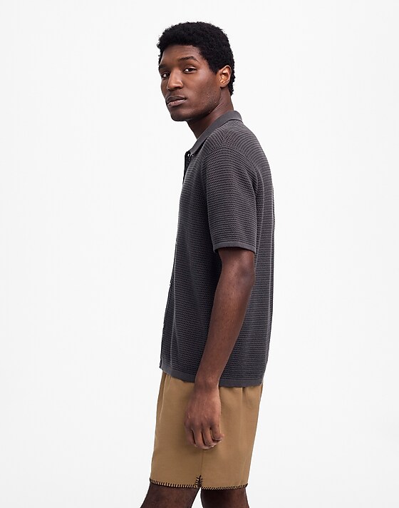 Madewell Open-Stitch Button-Up Sweater Polo Soft Charcoal