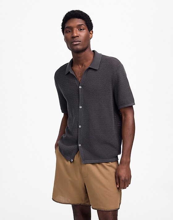 madewell Open-Stitch Button-Up Sweater Polo soft charcoal