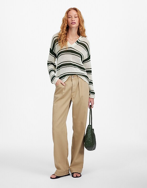 Madewell Open-Stitch Johnny Collar Sweater Summit Green Stripe