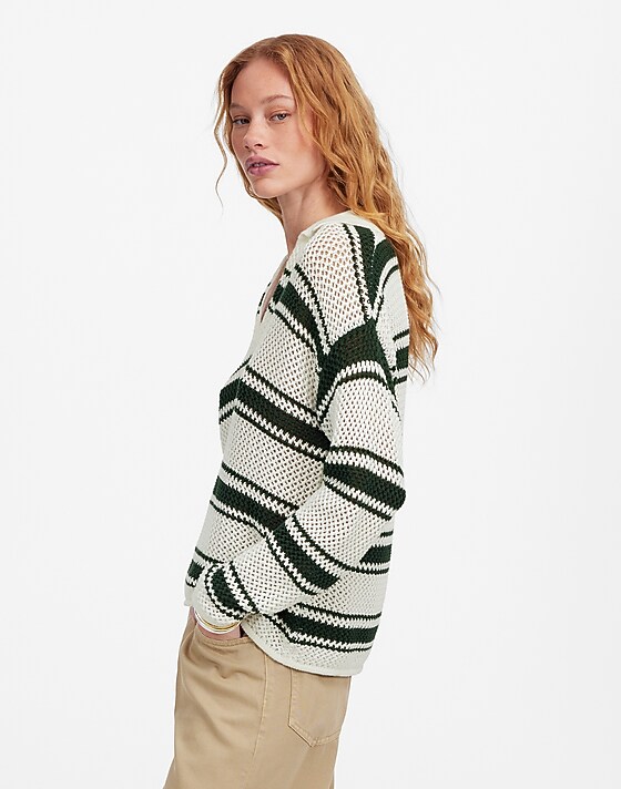 Madewell Open-Stitch Johnny Collar Sweater Summit Green Stripe