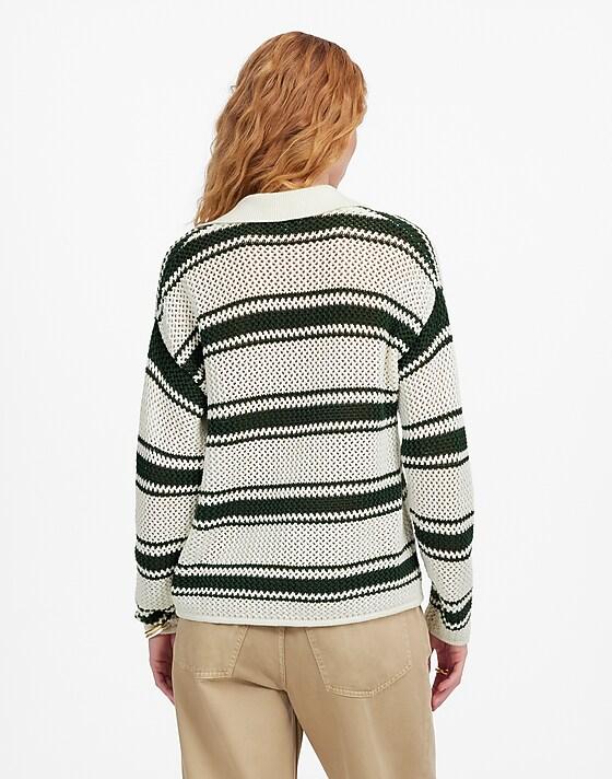 Madewell Open-Stitch Johnny Collar Sweater Summit Green Stripe