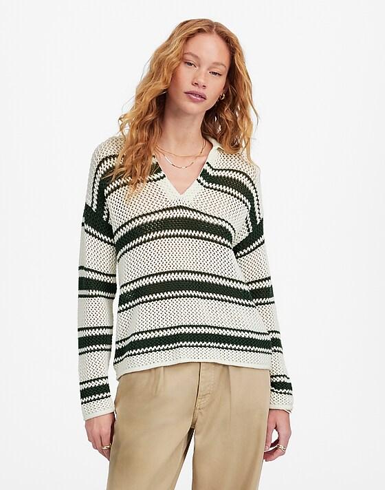 madewell Open-Stitch Johnny Collar Sweater summit green stripe