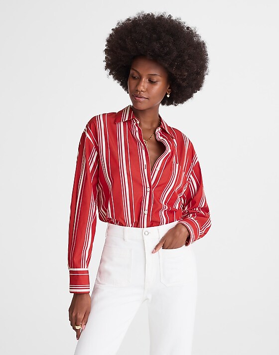 madewell Oversized Button-Up Shirt in Poplin cherry red