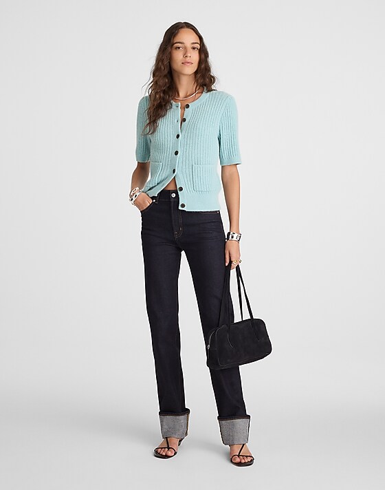 Madewell Patch-Pocket Puff-Sleeve Cardigan Mint Blue