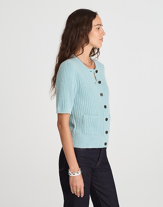 Madewell Patch-Pocket Puff-Sleeve Cardigan Mint Blue