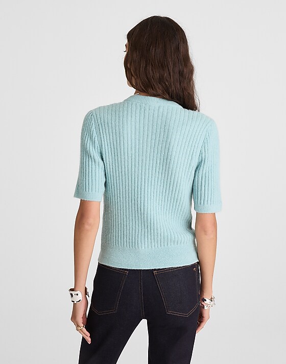 Madewell Patch-Pocket Puff-Sleeve Cardigan Mint Blue