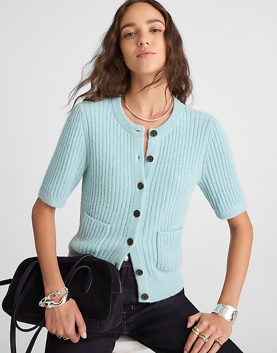 madewell Patch-Pocket Puff-Sleeve Cardigan mint blue