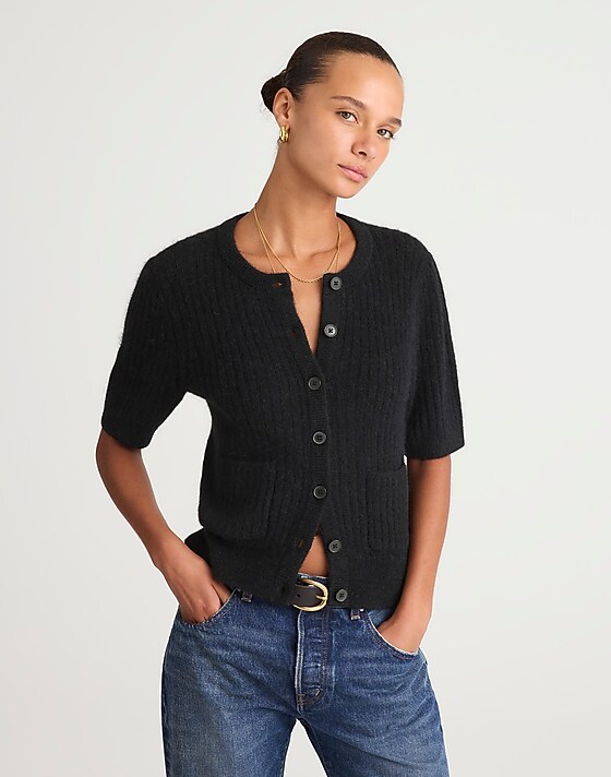 madewell Patch-Pocket Puff-Sleeve Cardigan true black