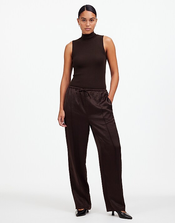 madewell Petite Pintucked Slim Pull-On Pants in Satin dark carob