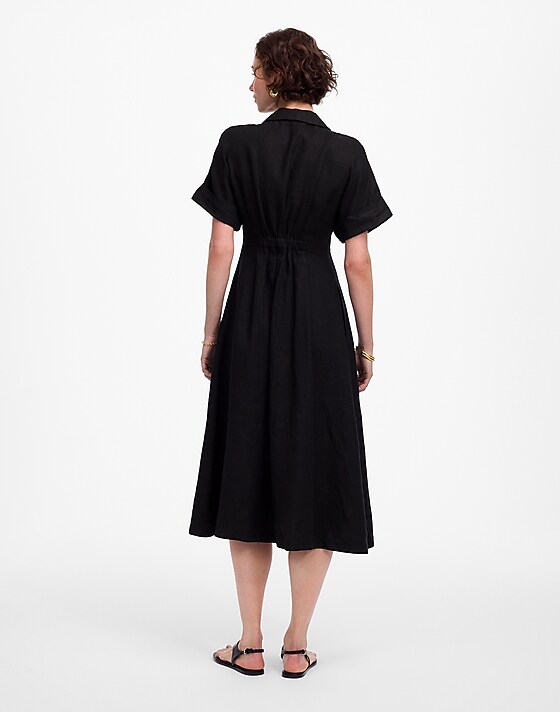 Madewell Petite Pleated Button-Front Midi Shirtdress In 100% Linen Jet Black