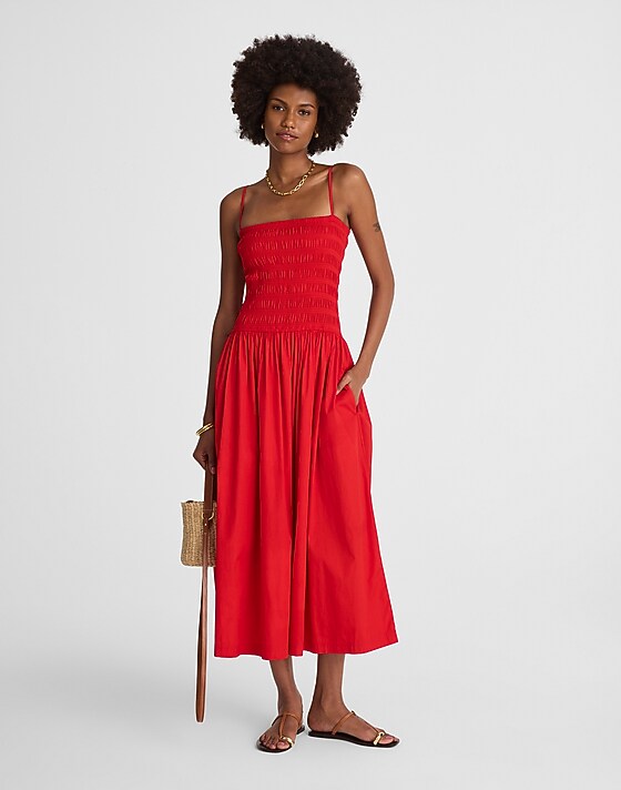 madewell Petite Poplin Smocked Maxi Dress festival red