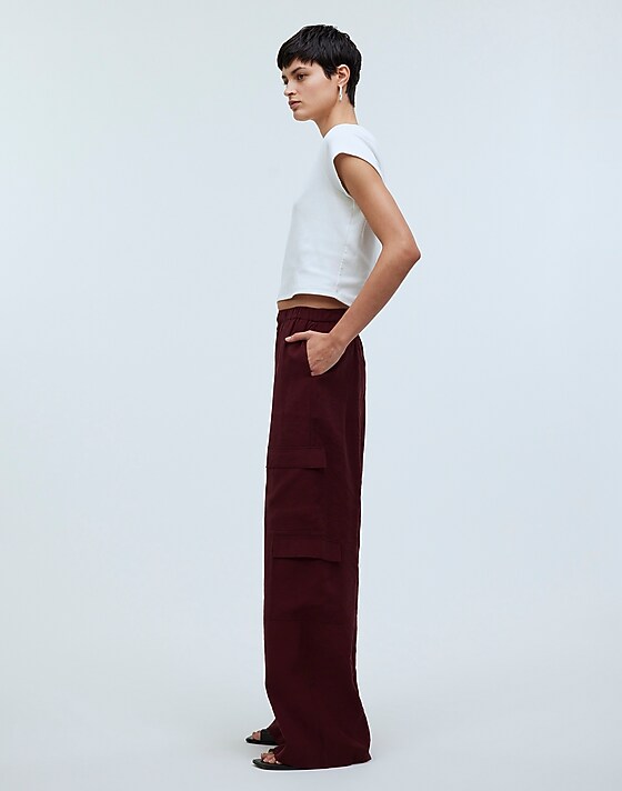 Madewell Petite Pull-On Wide-Leg Cargo Pants In Softdrape Cabernet