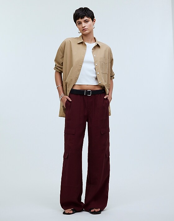madewell Petite Pull-On Wide-Leg Cargo Pants in Softdrape cabernet
