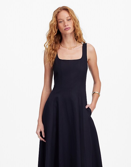 Madewell Petite Seamed Squareneck Midi Dress Jet Black