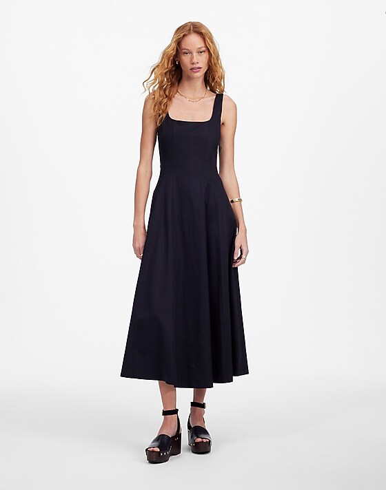 madewell Petite Seamed Squareneck Midi Dress jet black