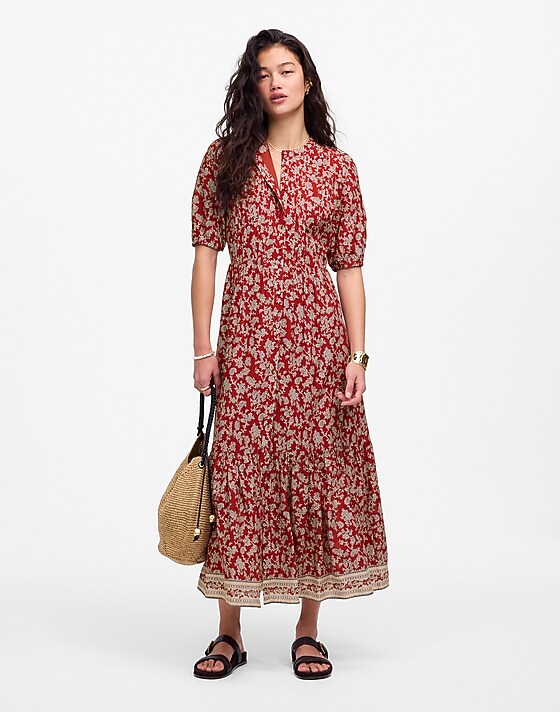 Madewell Pintucked Puff-Sleeve Midi Dress In Floral Ground Madder