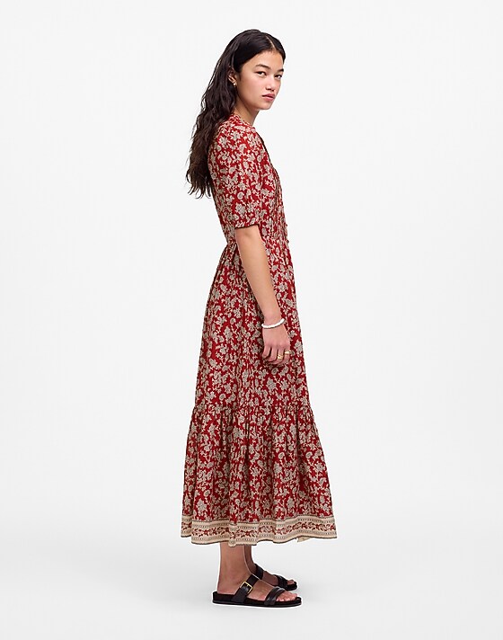 Madewell Pintucked Puff-Sleeve Midi Dress In Floral Ground Madder