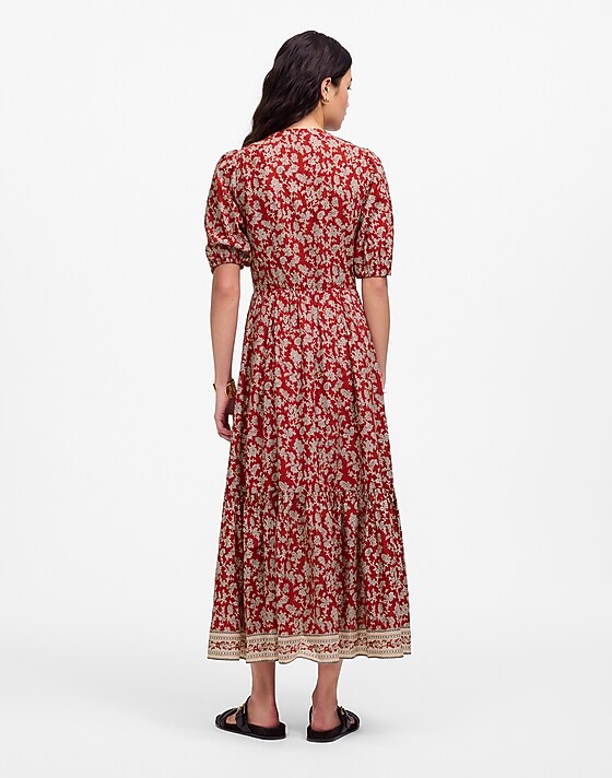 Madewell Pintucked Puff-Sleeve Midi Dress In Floral Ground Madder