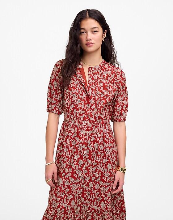madewell Pintucked Puff-Sleeve Midi Dress in Floral ground madder