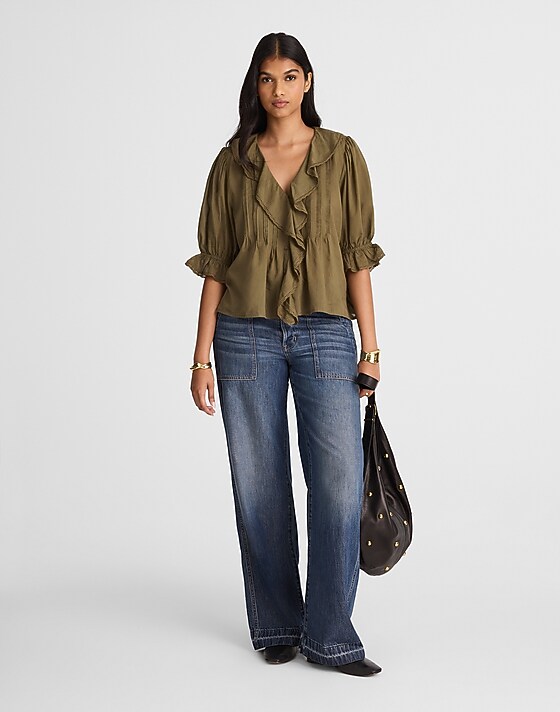 Madewell Pintucked Ruffled Puff-Sleeve Top Faded Ivy