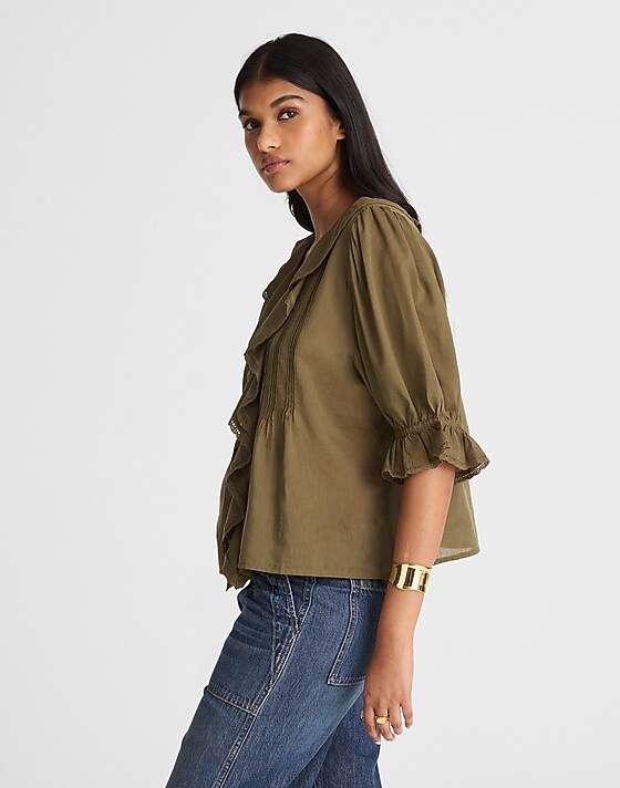 Madewell Pintucked Ruffled Puff-Sleeve Top Faded Ivy