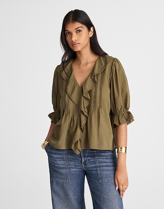 madewell Pintucked Ruffled Puff-Sleeve Top faded ivy